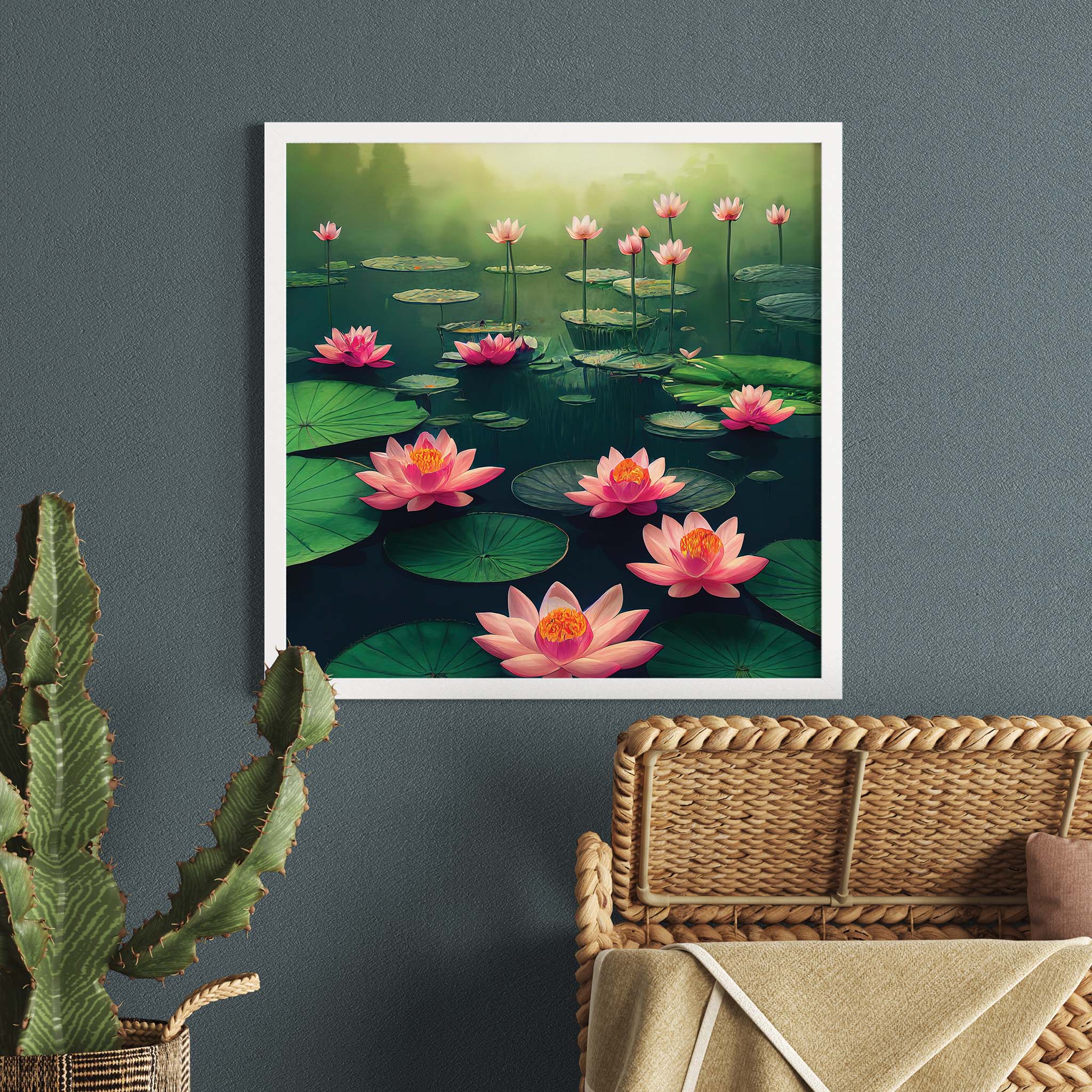 A Vibrant Painting of Lotus in a Pond Painting