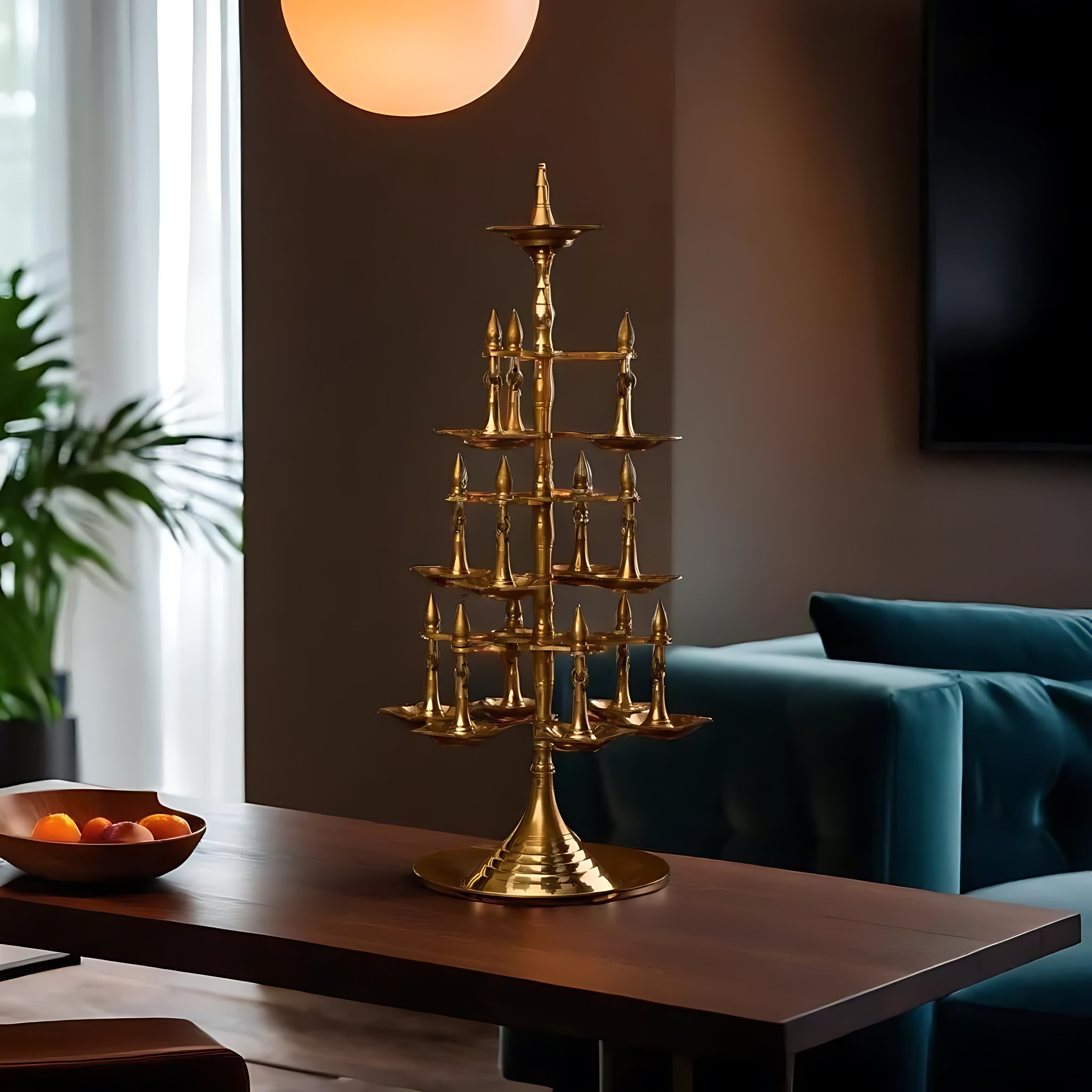 Standing Diya Chandelier in Brass