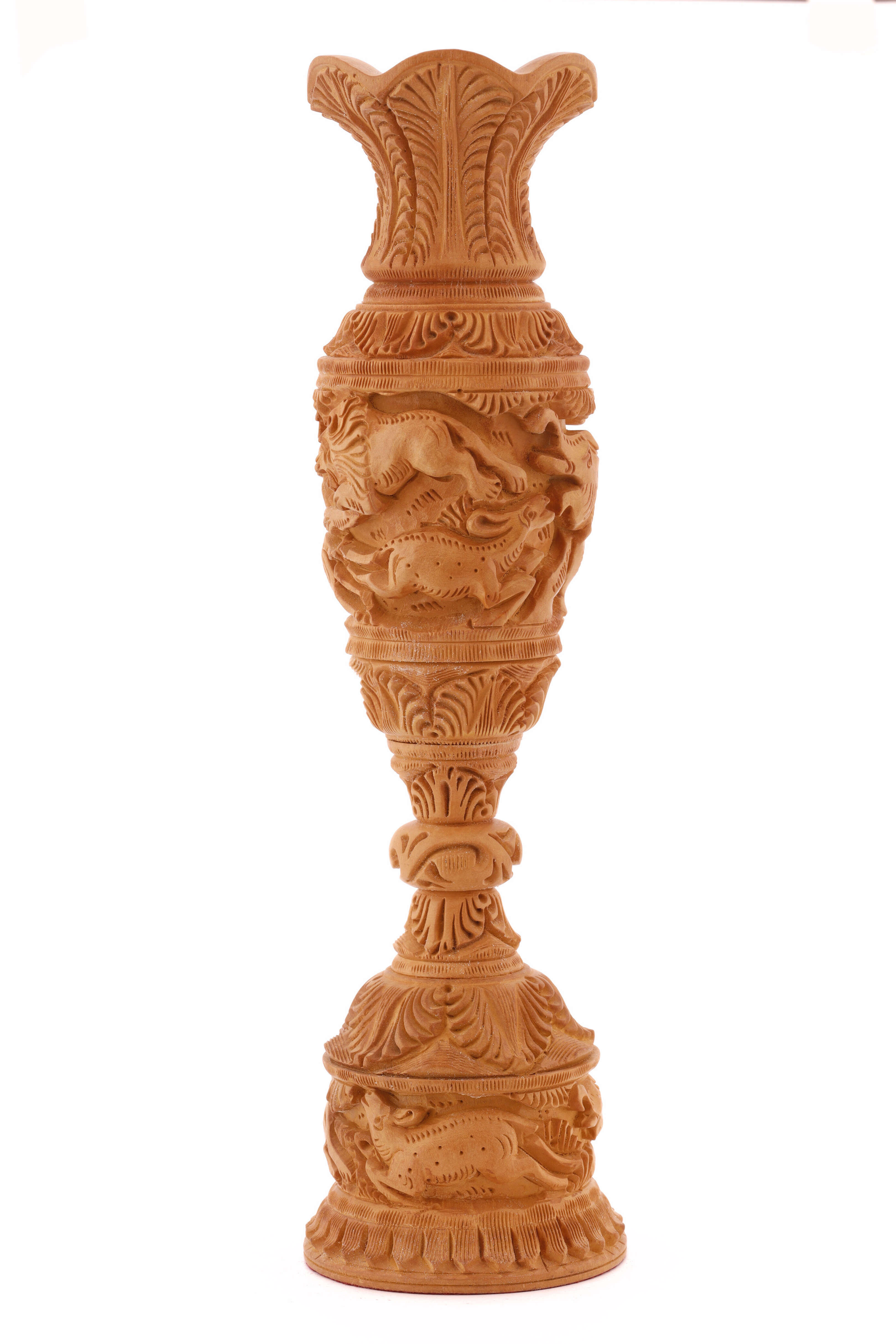 Wooden Vase With Intricate Animal Carvings