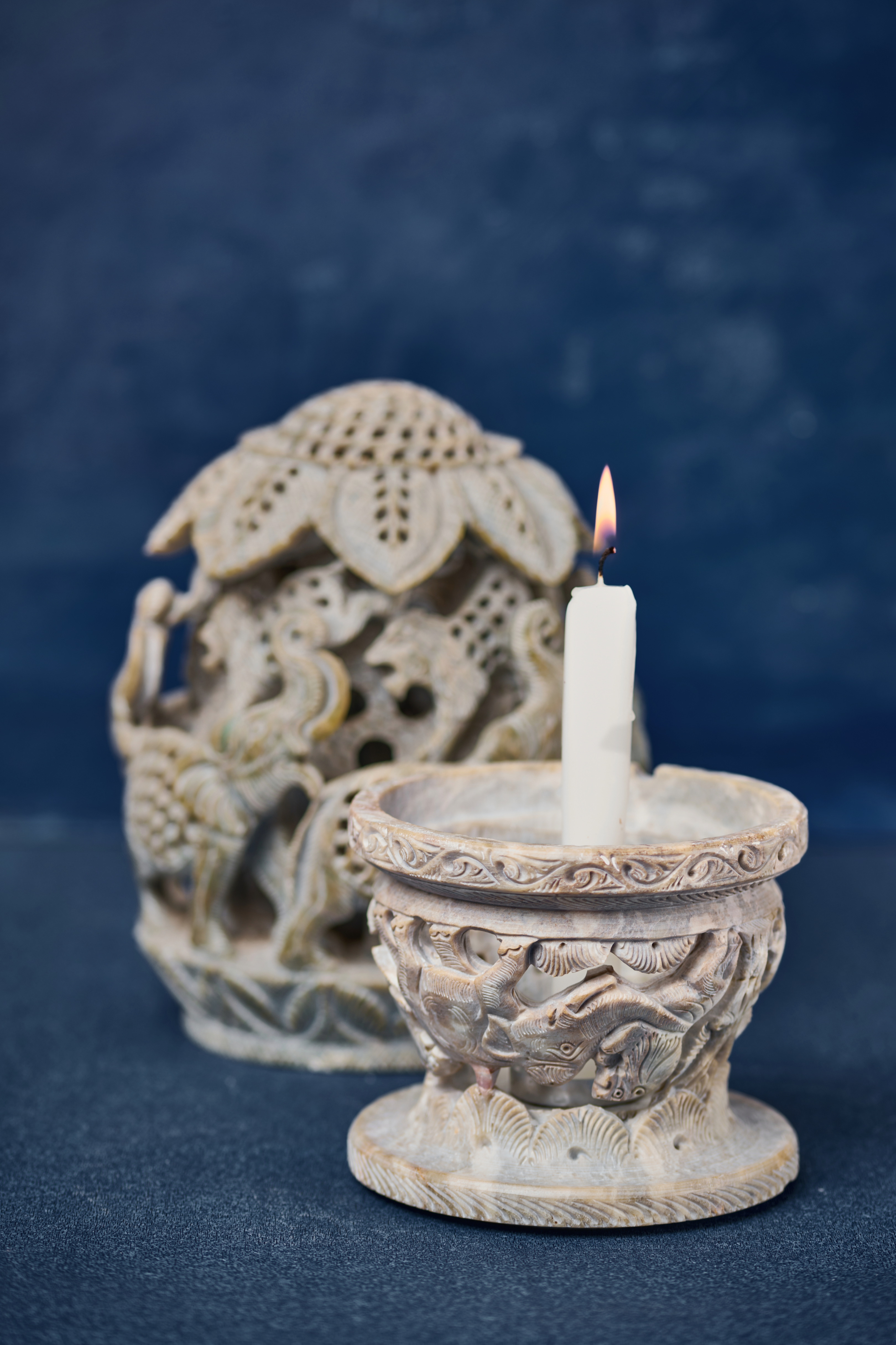 Handcarved Candle Holder Sculpture in Stone