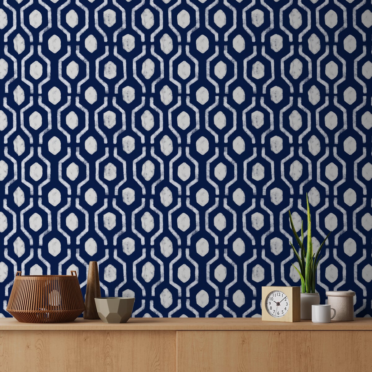 Blue and White Geometrical Repeat pattern Wallpaper for Rooms