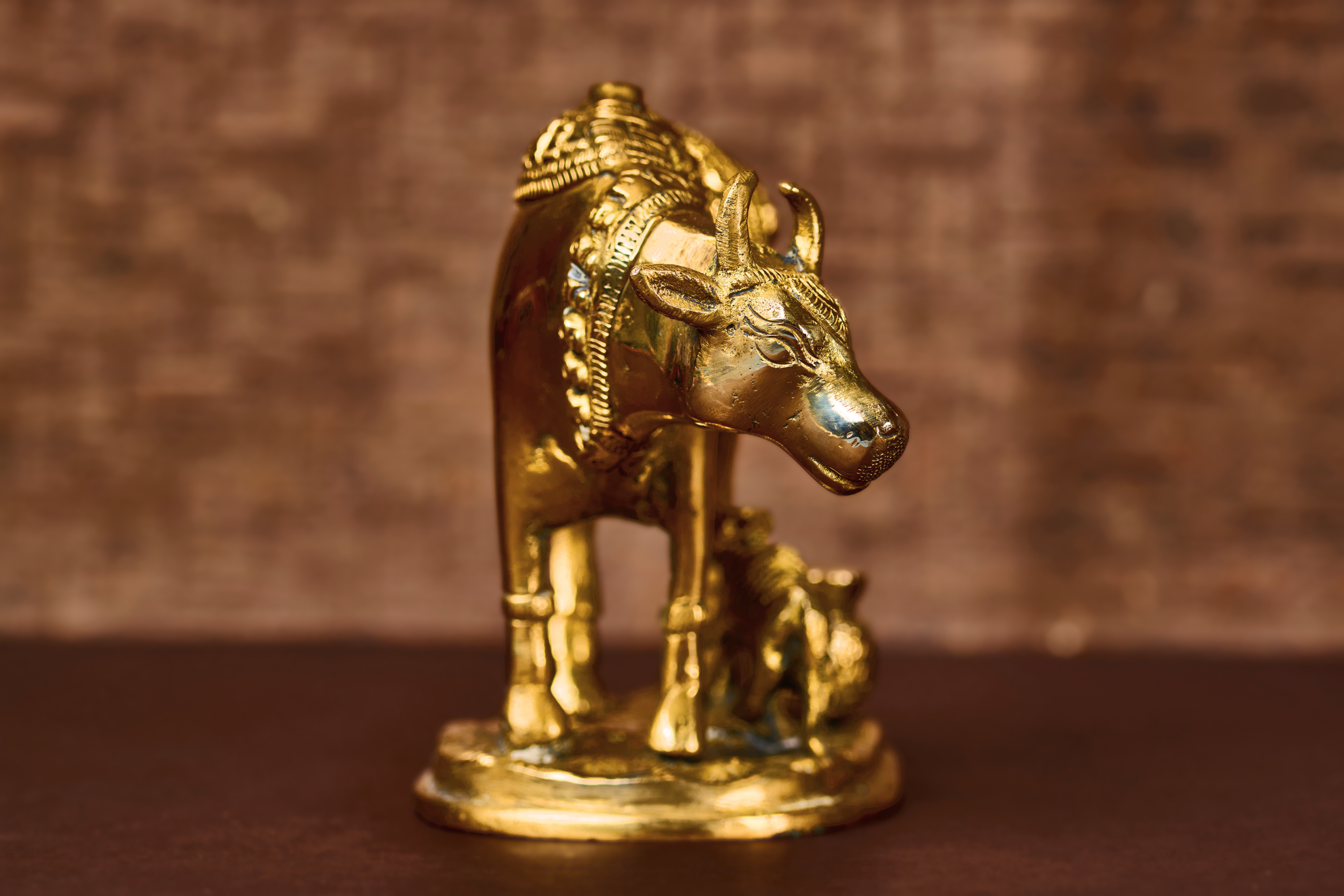 Brass 'Kamadhenu' Sculpture: Cow with Calf