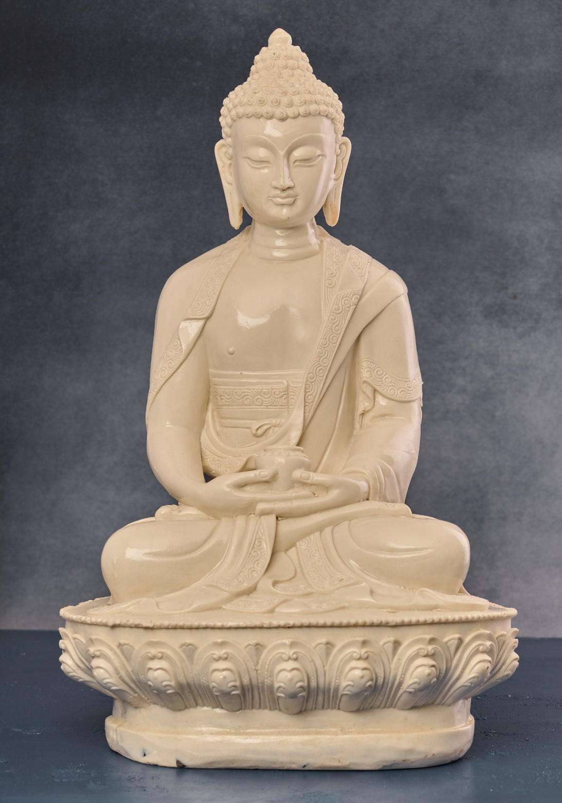 White Serene Buddha in Concrete, Wood and Papier Mache