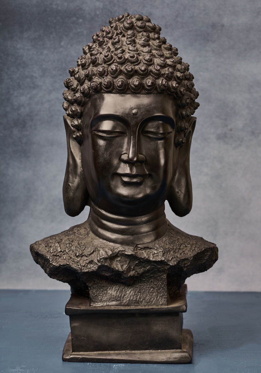 Buddha Head in Black Wood and Papier Mache