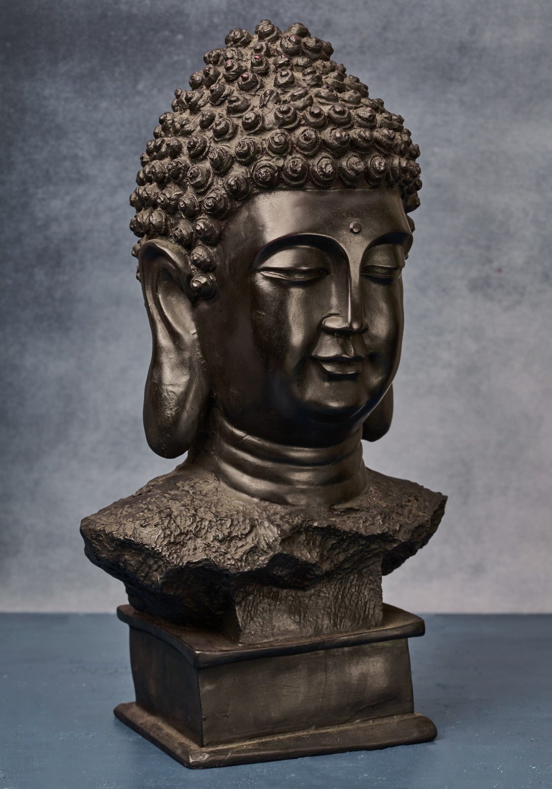 Buddha Head in Black Wood and Papier Mache