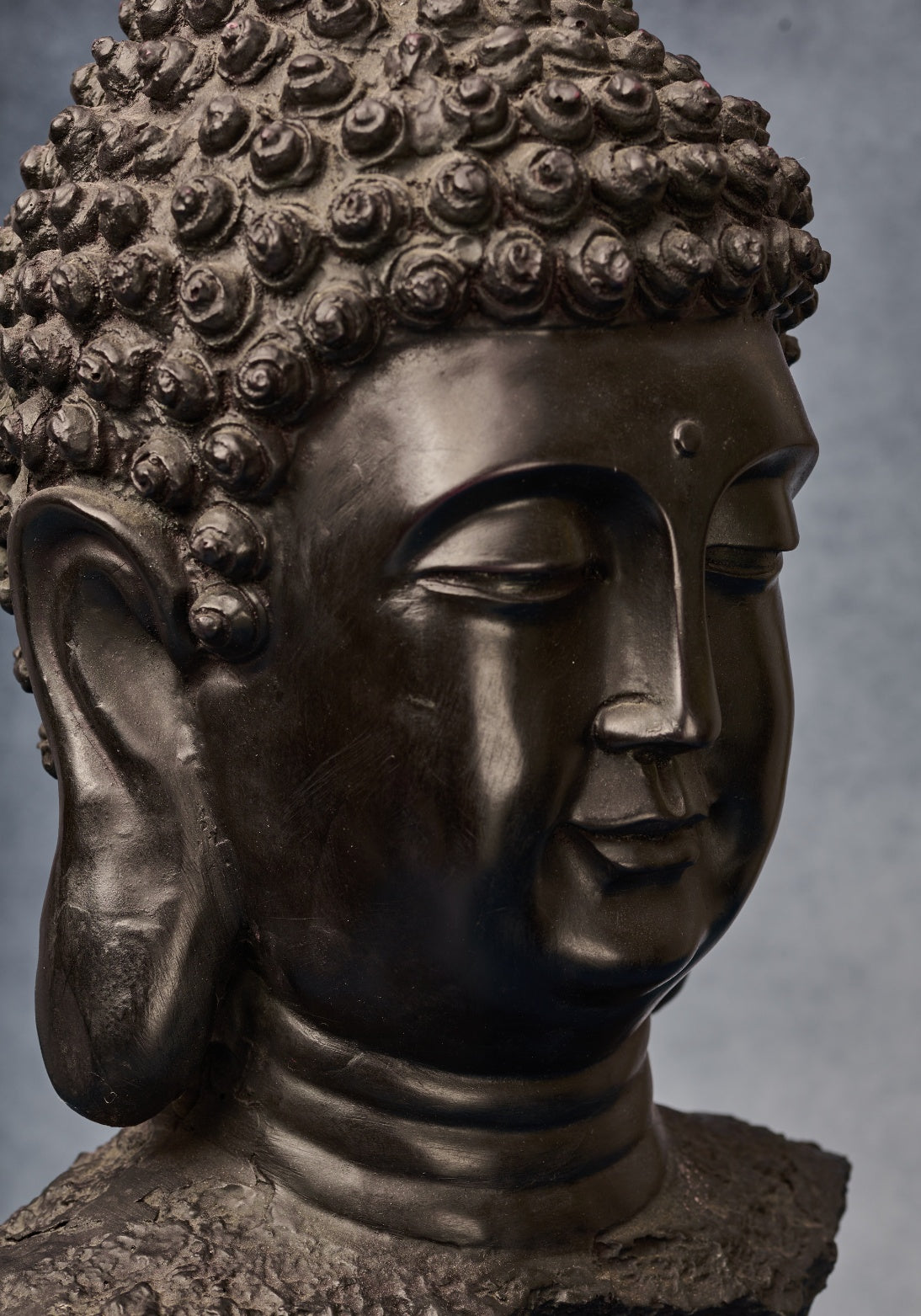 Buddha Head in Black Wood and Papier Mache