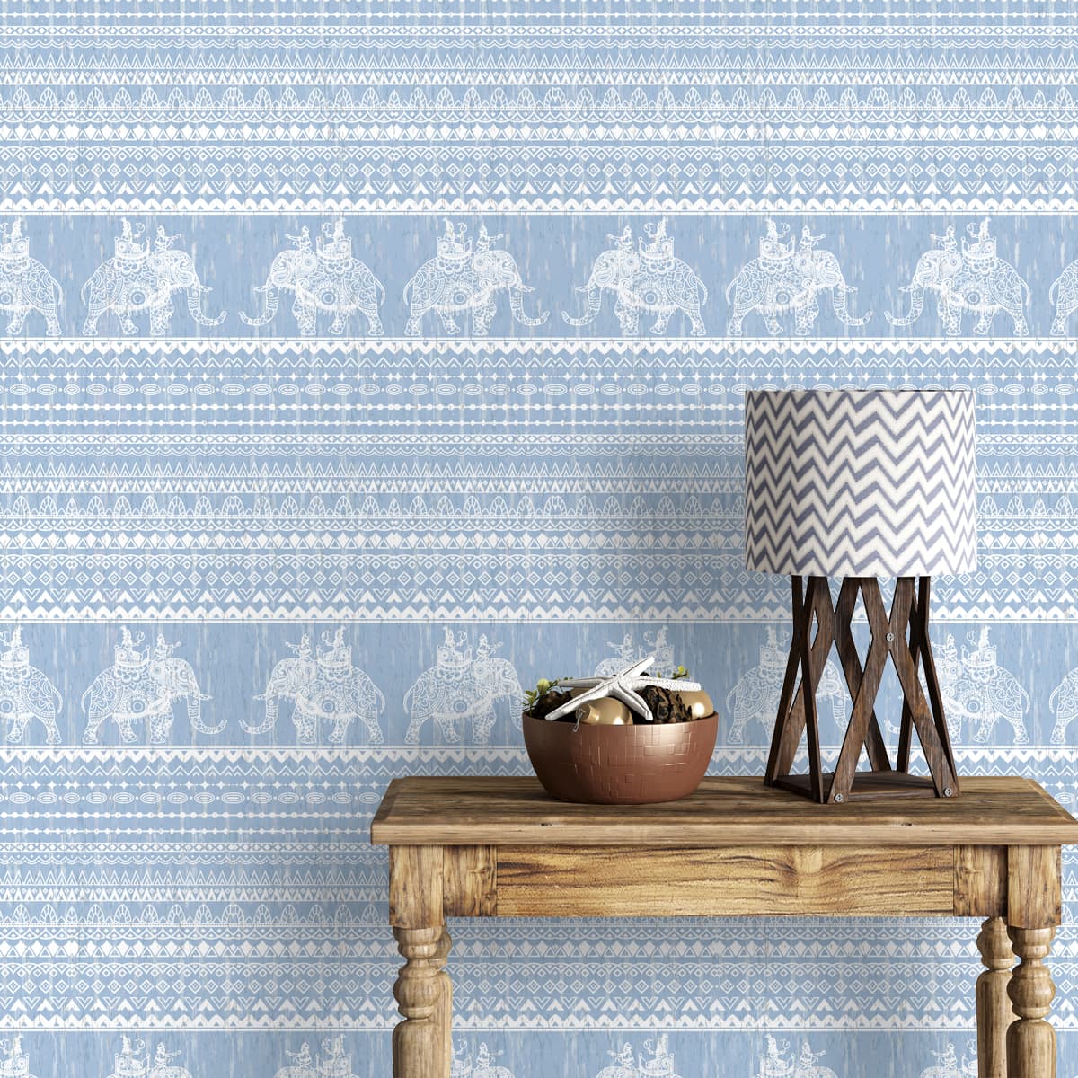 Blue Indian Fabric Look with Elephants Wallpaper