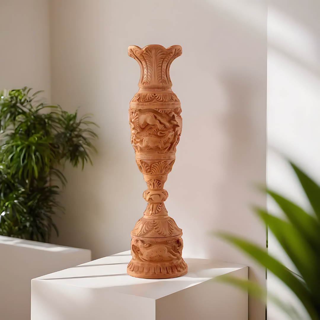 Wooden Vase With Intricate Animal Carvings